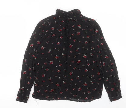 Pull&Bear Womens Black Floral Viscose Basic Button-Up Size L Collared - Tie Neck Detail