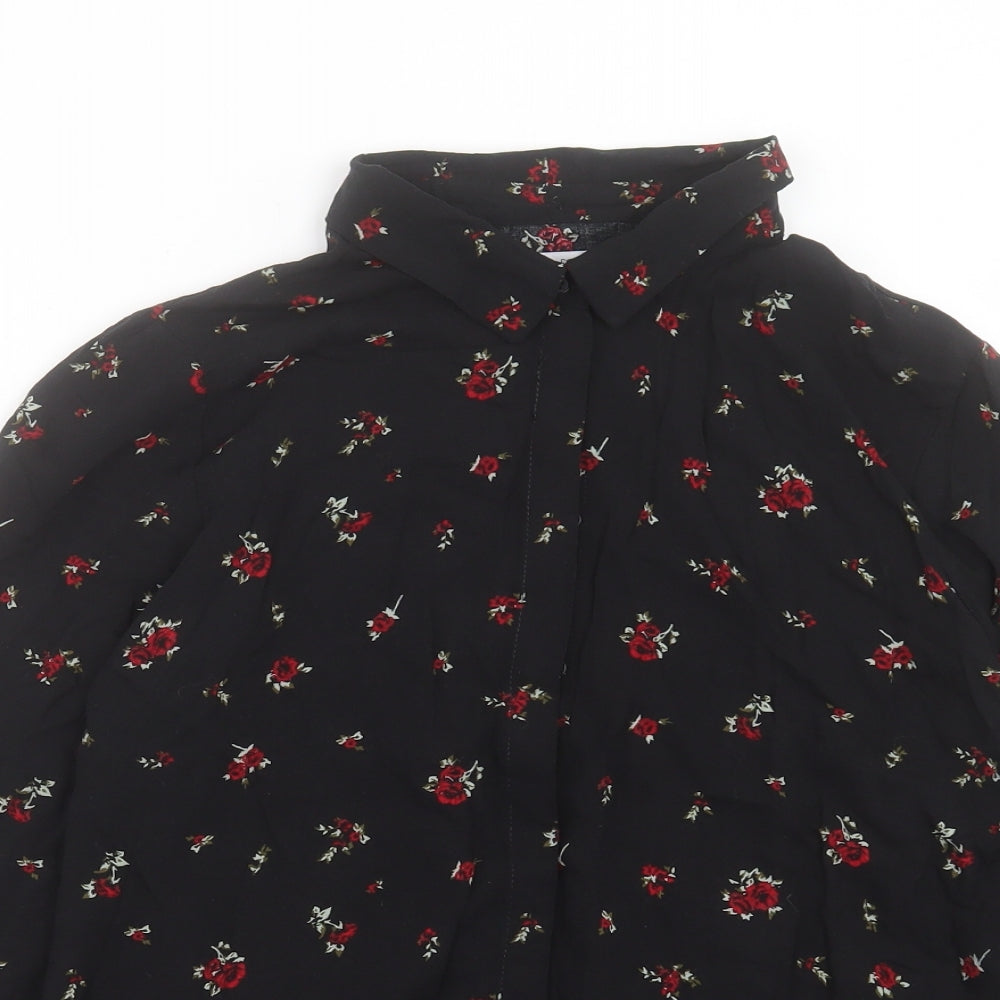 Pull&Bear Womens Black Floral Viscose Basic Button-Up Size L Collared - Tie Neck Detail