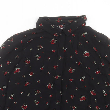 Pull&Bear Womens Black Floral Viscose Basic Button-Up Size L Collared - Tie Neck Detail