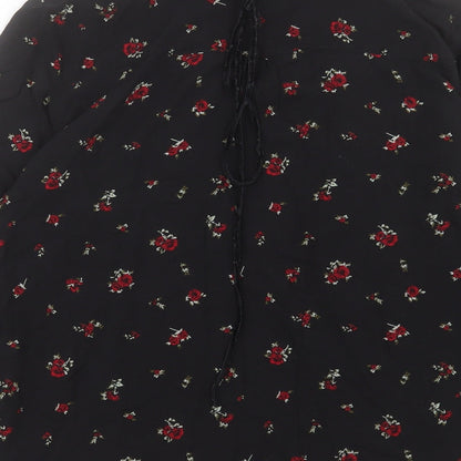 Pull&Bear Womens Black Floral Viscose Basic Button-Up Size L Collared - Tie Neck Detail