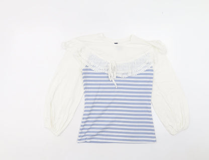 Elti Womens Blue Striped Polyester Basic Blouse Size M Round Neck - Pom Pom Detail