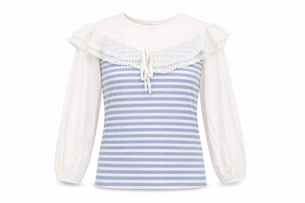 Elti Womens Blue Striped Polyester Basic Blouse Size M Round Neck - Pom Pom Detail