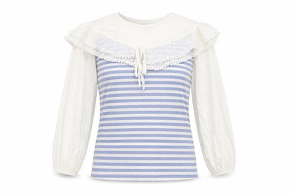 Elti Womens Blue Striped Polyester Basic Blouse Size M Round Neck - Pom Pom Detail
