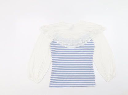 Elti Womens Blue Striped Polyester Basic Blouse Size M Round Neck - Pom Pom Detail