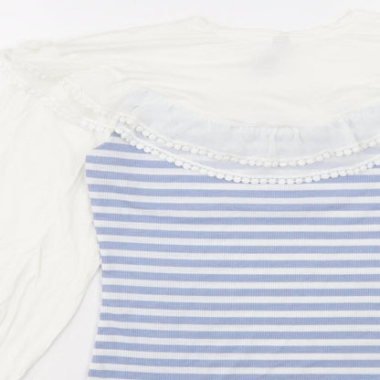 Elti Womens Blue Striped Polyester Basic Blouse Size M Round Neck - Pom Pom Detail