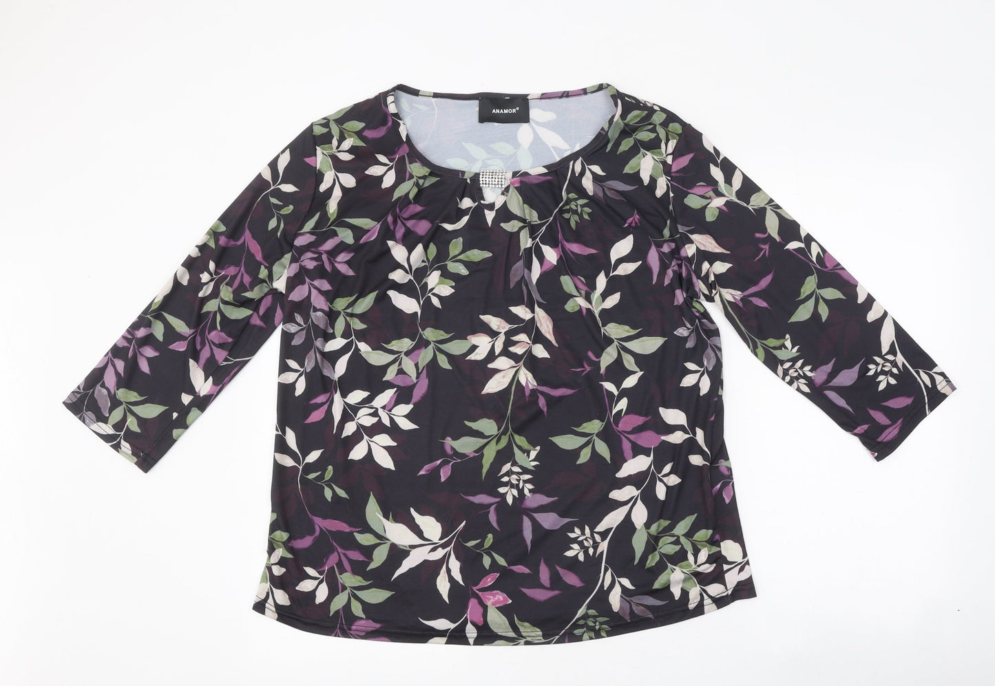 Anamor Womens Black Floral Polyester Basic T-Shirt Size L Round Neck - Leaf Print