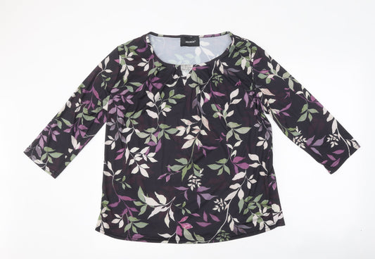 Anamor Womens Black Floral Polyester Basic T-Shirt Size L Round Neck - Leaf Print