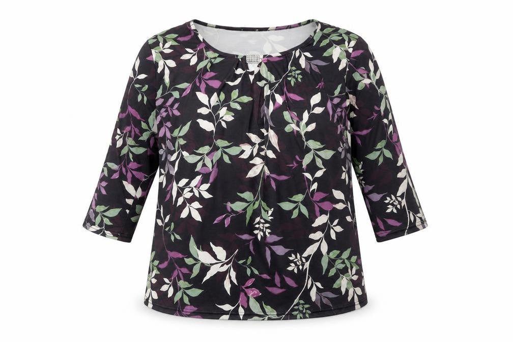 Anamor Womens Black Floral Polyester Basic T-Shirt Size L Round Neck - Leaf Print