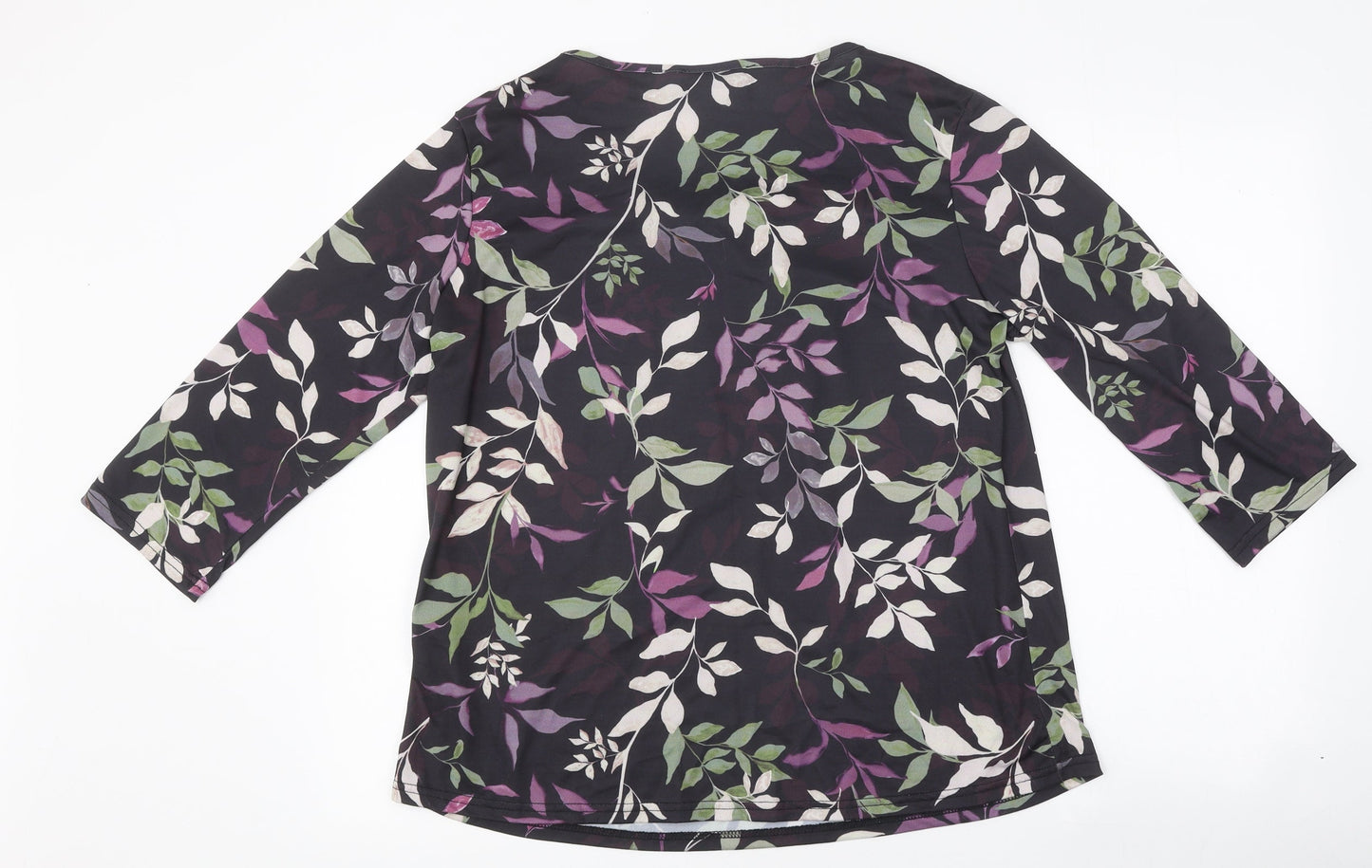 Anamor Womens Black Floral Polyester Basic T-Shirt Size L Round Neck - Leaf Print