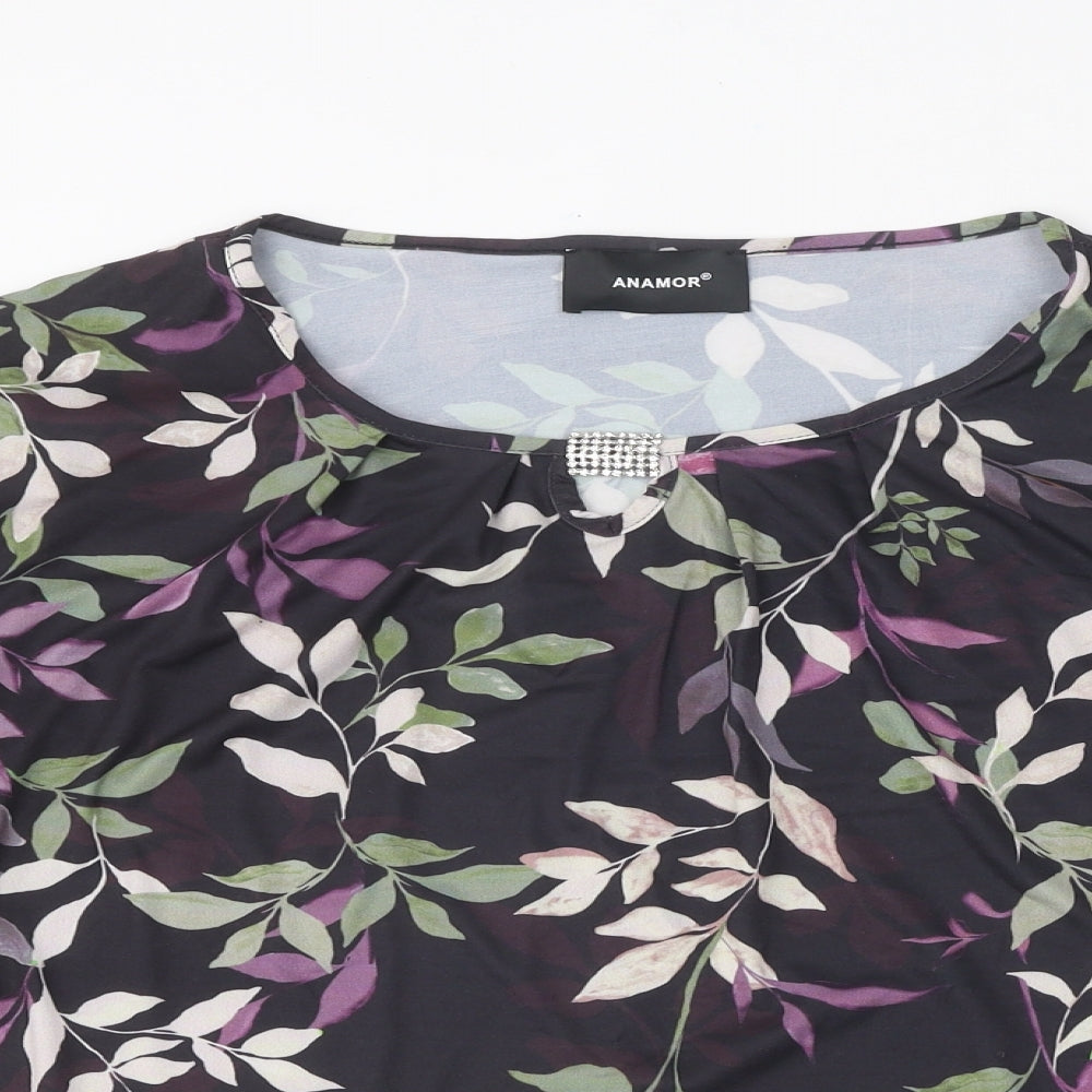 Anamor Womens Black Floral Polyester Basic T-Shirt Size L Round Neck - Leaf Print