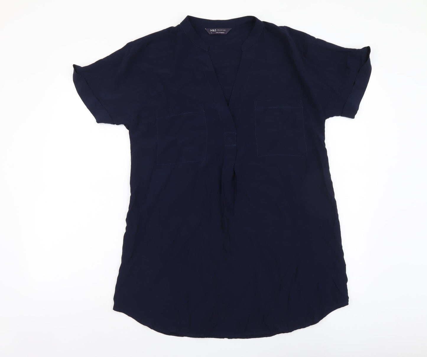 Marks and Spencer Womens Blue Polyester Basic Blouse Size 6 V-Neck