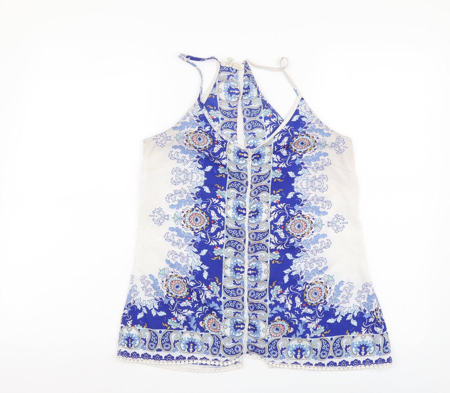Japana Womens Blue Geometric Polyester Basic Tank Size S V-Neck
