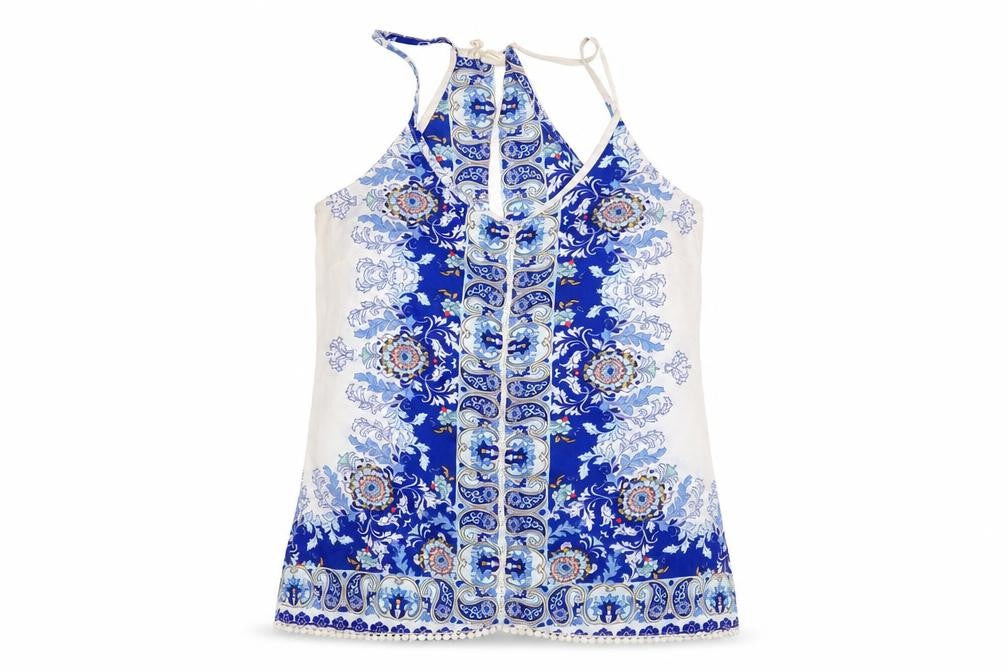 Japana Womens Blue Geometric Polyester Basic Tank Size S V-Neck