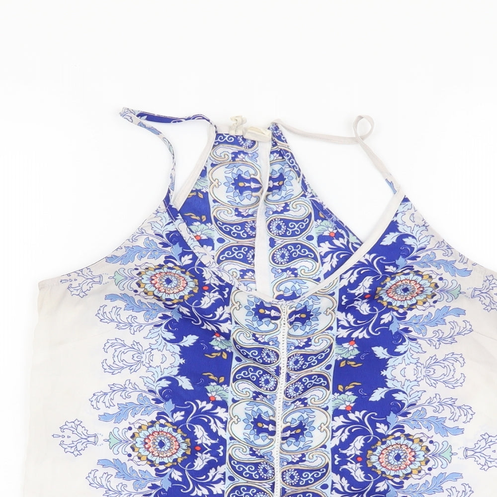 Japana Womens Blue Geometric Polyester Basic Tank Size S V-Neck