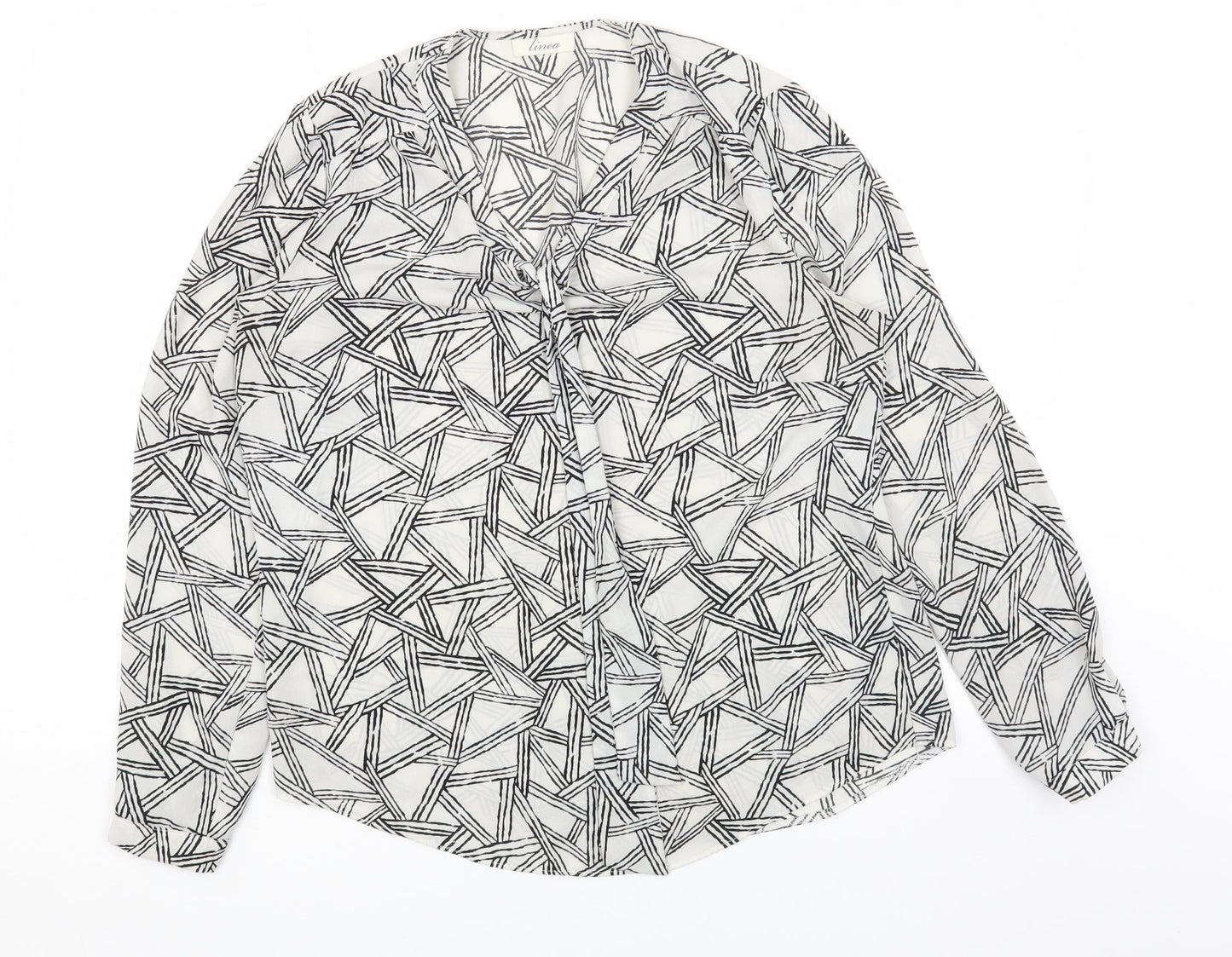 Linea Womens White Geometric Polyester Basic Blouse Size 12 V-Neck