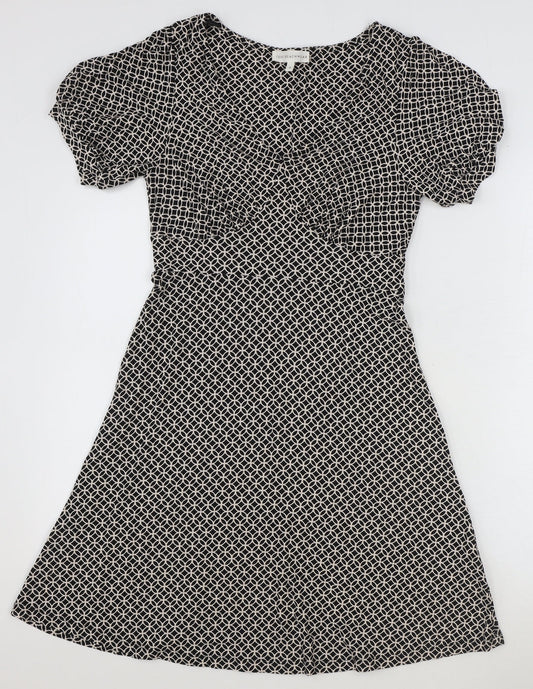 Next Beachwear Womens Black Geometric Viscose Fit & Flare Size 8 V-Neck Pullover