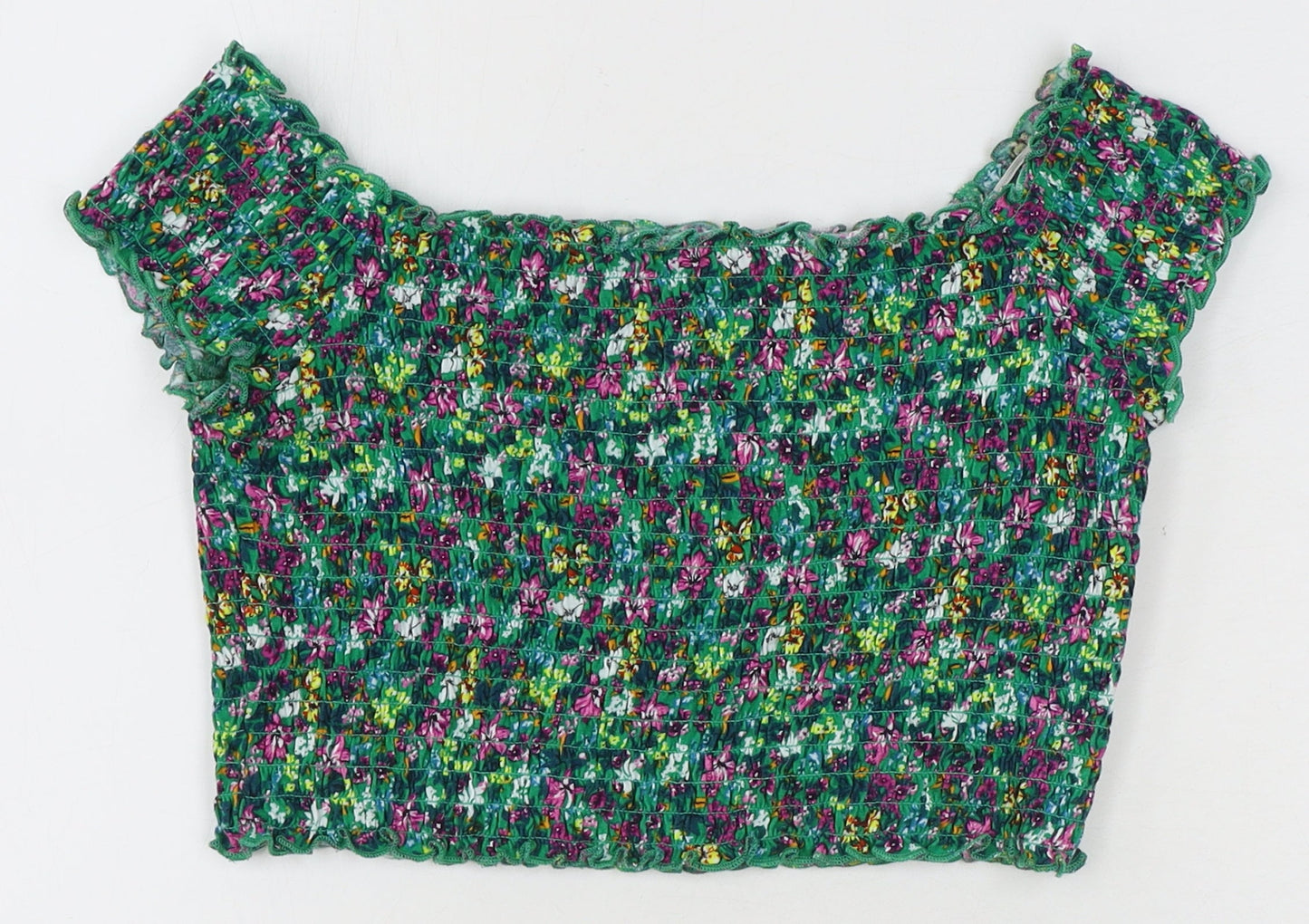 Divided by H&M Womens Multicoloured Floral Cotton Cropped Blouse Size M Boat Neck - Shirred Bardot