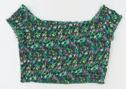 Divided by H&M Womens Multicoloured Floral Cotton Cropped Blouse Size M Boat Neck - Shirred Bardot