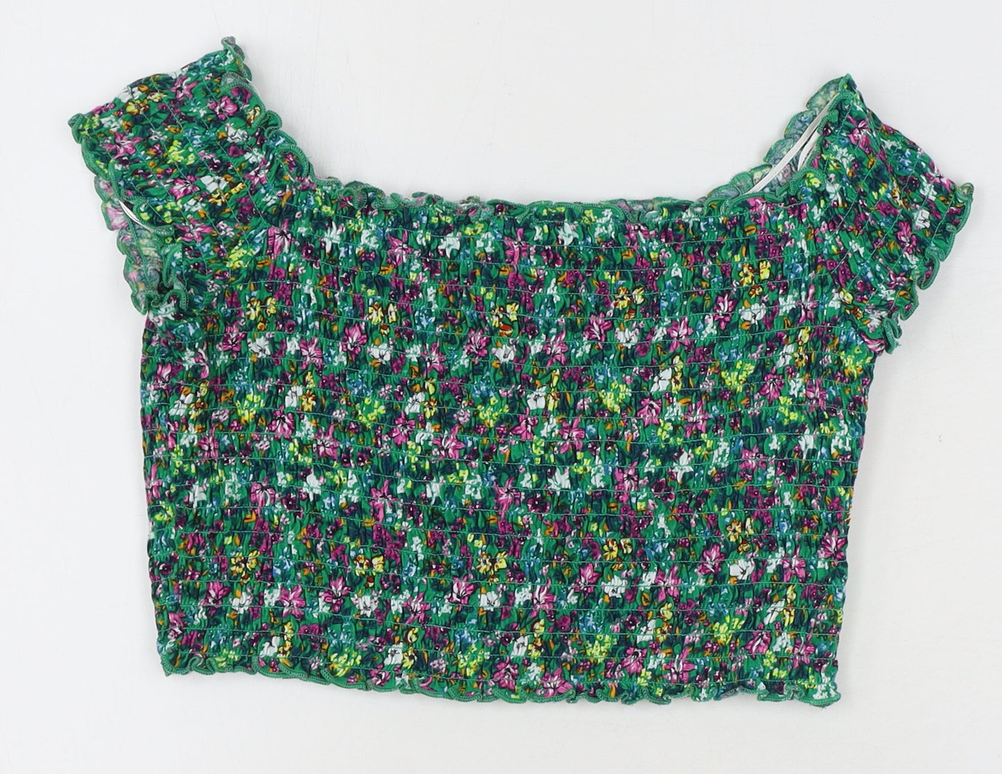 Divided by H&M Womens Multicoloured Floral Cotton Cropped Blouse Size M Boat Neck - Shirred Bardot
