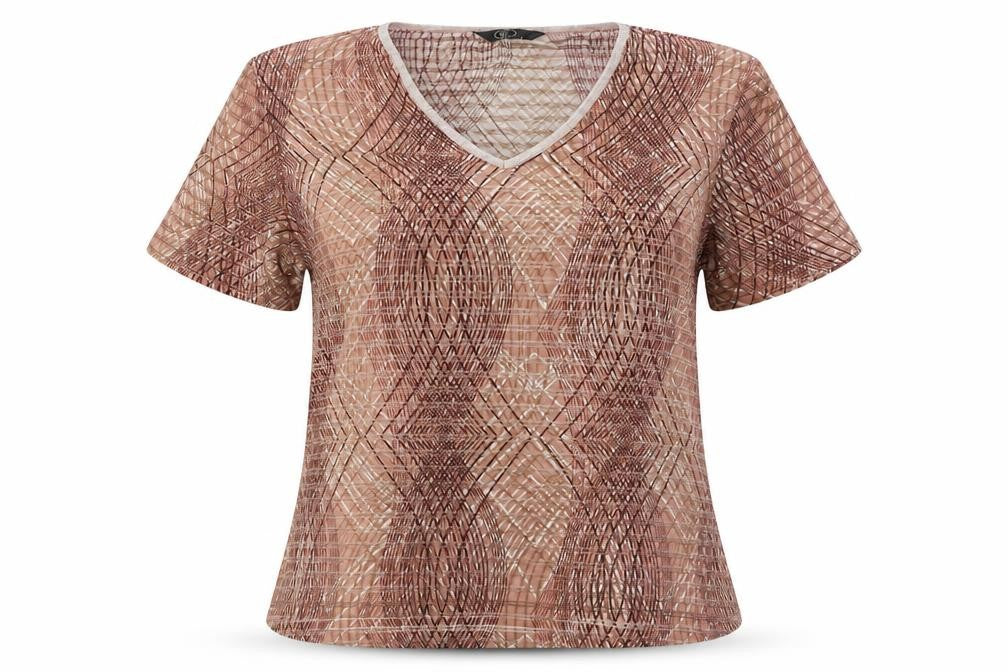 BM Womens Brown Geometric Polyester Basic T-Shirt Size L V-Neck