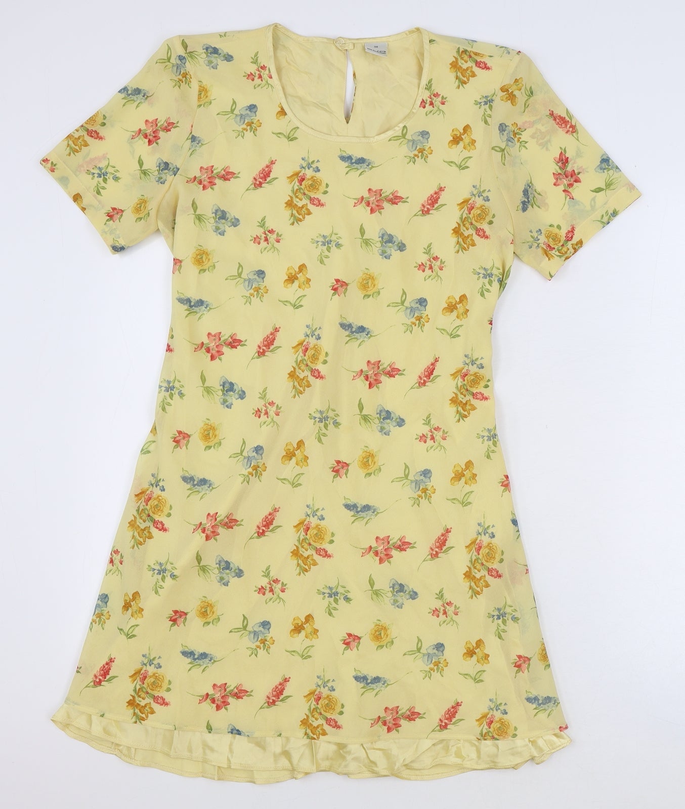 DUO Womens Yellow Floral Viscose A-Line Size 10 Round Neck Button