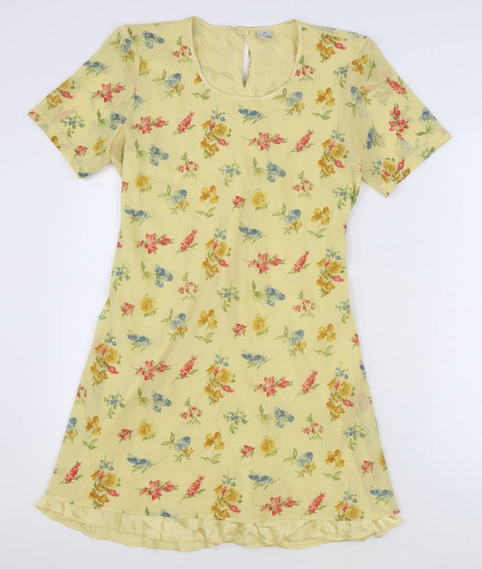 DUO Womens Yellow Floral Viscose A-Line Size 10 Round Neck Button