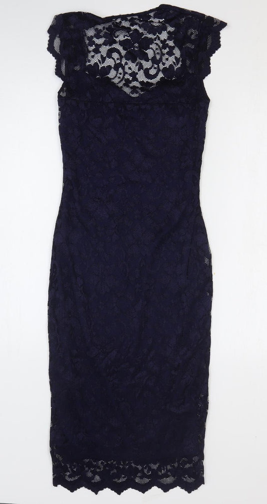 Amy Childs Collection Womens Blue Nylon Pencil Dress Size 8 Round Neck Pullover