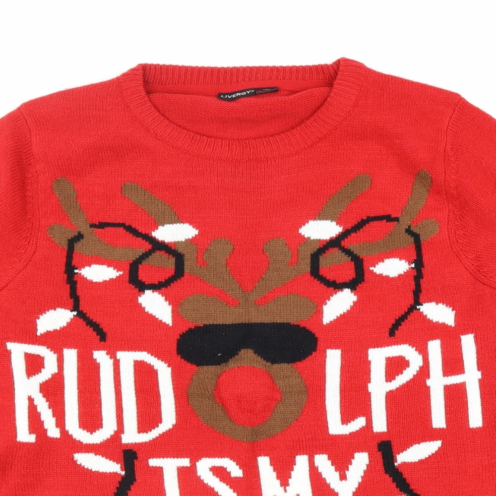 Livergy Womens Red Round Neck Acrylic Pullover Jumper Size S - Rudolf Christmas