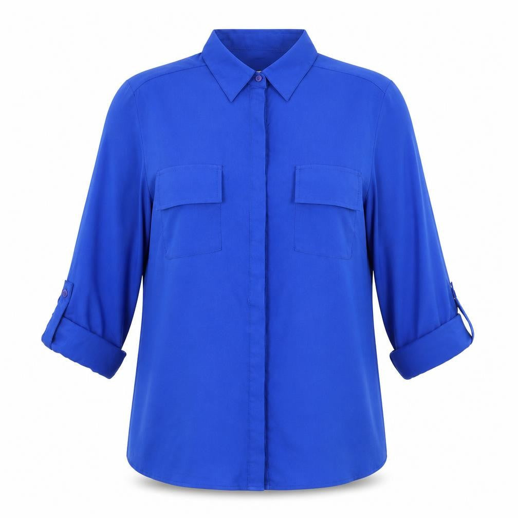 Jennifer & Grace Womens Blue Polyester Basic Button-Up Size S Collared