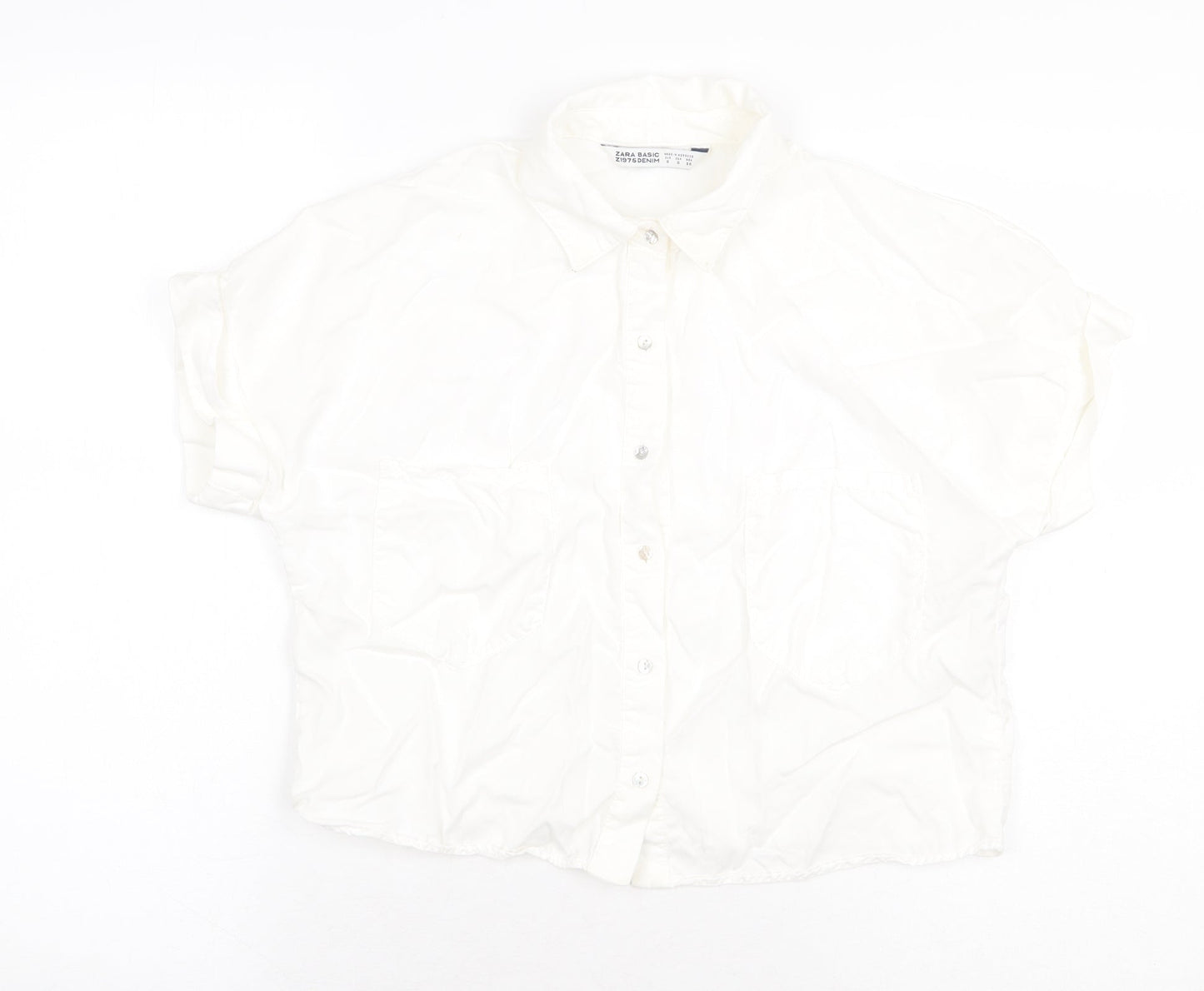 Zara Womens White Polyester Basic Button-Up Size S Collared