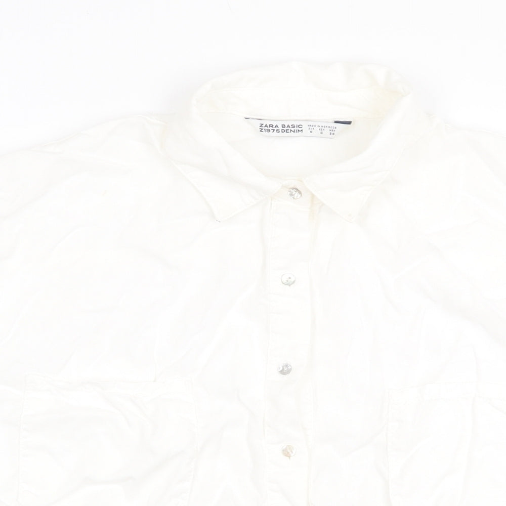 Zara Womens White Polyester Basic Button-Up Size S Collared