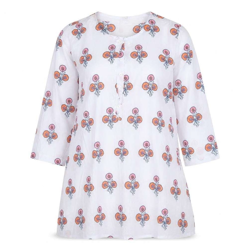 MissLook Womens White Geometric Cotton Basic Blouse Size 3XL Round Neck