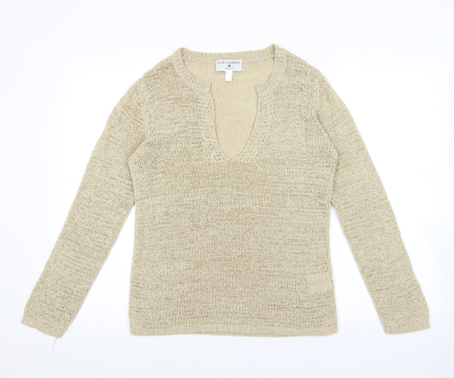 Rick Cardona Womens Beige V-Neck Acrylic Pullover Jumper Size 8