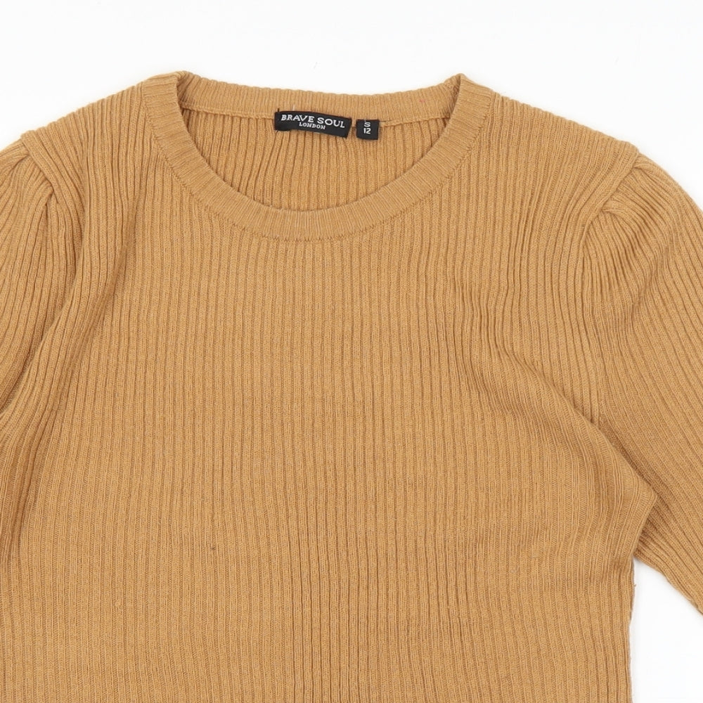 Brave Soul Womens Orange Acrylic Basic T-Shirt Size S Round Neck