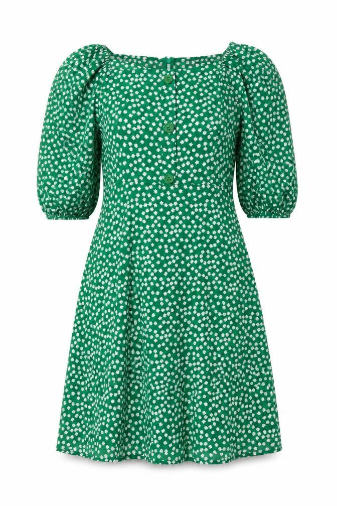 SHEIN Womens Green Floral Polyester Skater Dress Size XS Off the Shoulder Zip