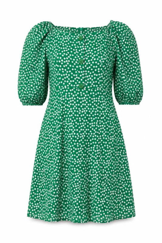 SHEIN Womens Green Floral Polyester Skater Dress Size XS Off the Shoulder Zip