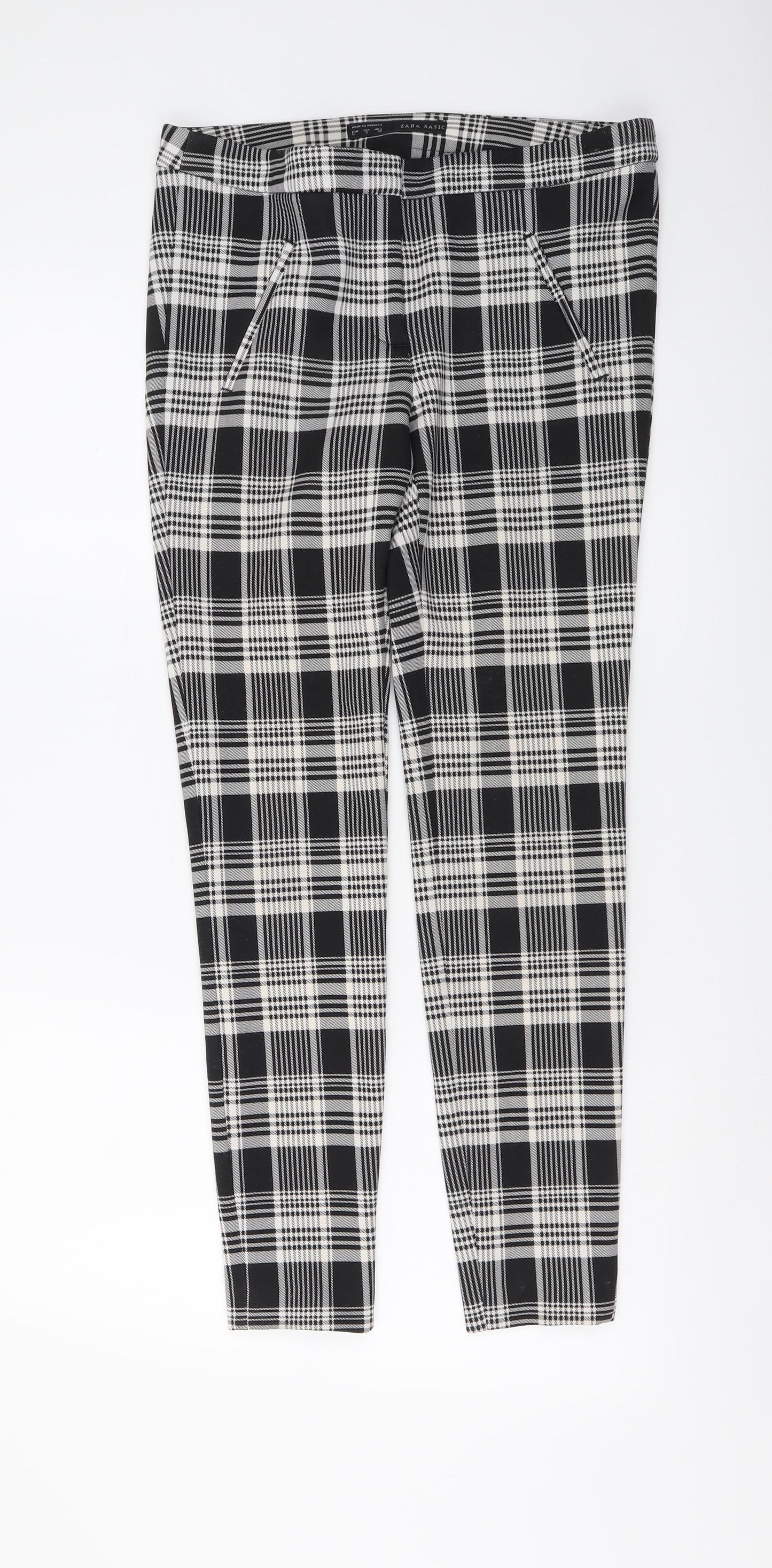 Zara Womens Black Plaid Polyester Trousers Size S L26 in Regular Button