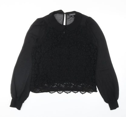 Warehouse Womens Black Floral Polyester Basic Blouse Size 10 Collared - Lace Overlay Detail