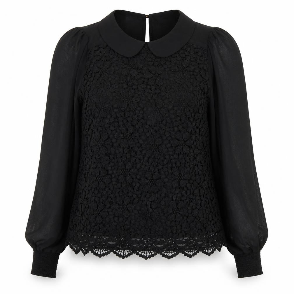 Warehouse Womens Black Floral Polyester Basic Blouse Size 10 Collared - Lace Overlay Detail