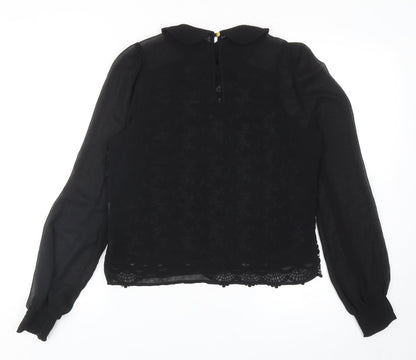 Warehouse Womens Black Floral Polyester Basic Blouse Size 10 Collared - Lace Overlay Detail