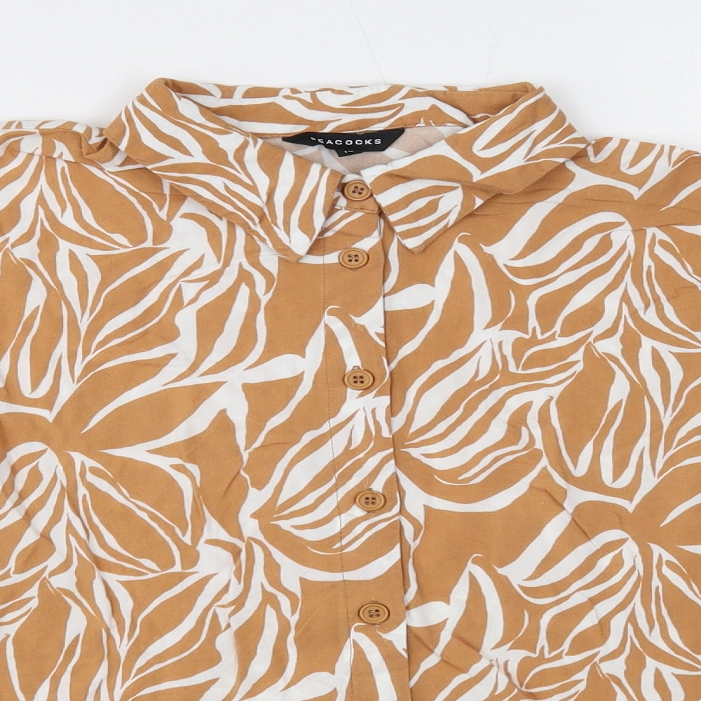 Peacocks Womens Brown Geometric Polyester Basic Button-Up Size 14 Collared