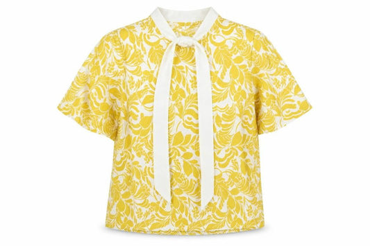 Marks & Spencer Womens Yellow Floral Viscose Basic Blouse Size 12 Round Neck