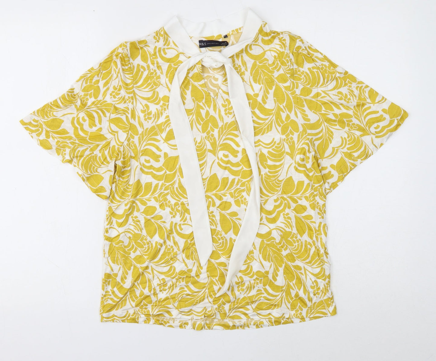 Marks and Spencer Womens Yellow Floral Viscose Basic Blouse Size 12 Round Neck