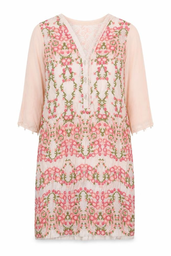 Agha Noor Womens Pink Floral Polyester Kaftan Size M V-Neck Button