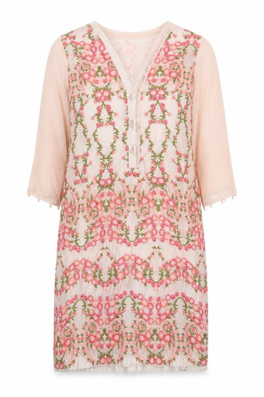 Agha Noor Womens Pink Floral Polyester Kaftan Size M V-Neck Button