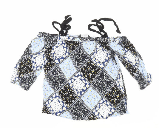 Dorothy Perkins Womens Blue Geometric Viscose Basic Blouse Size 12 Square Neck - Tie Shoulder, Cold Shoulder