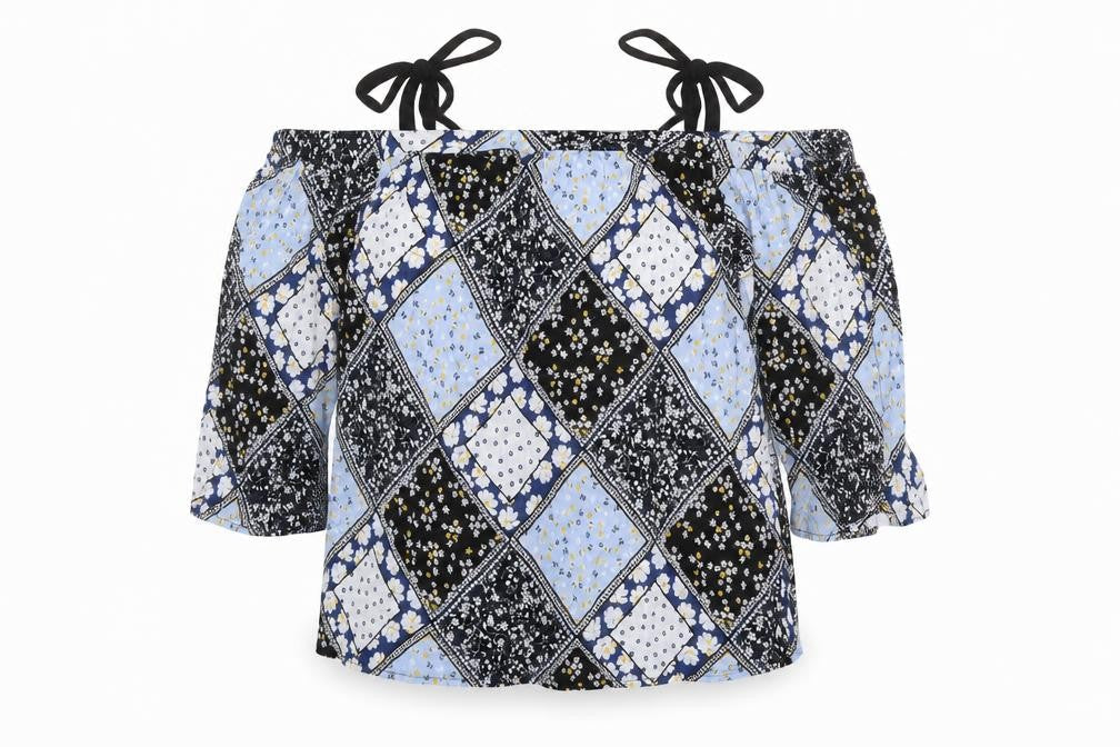 Dorothy Perkins Womens Blue Geometric Viscose Basic Blouse Size 12 Square Neck - Tie Shoulder, Cold Shoulder