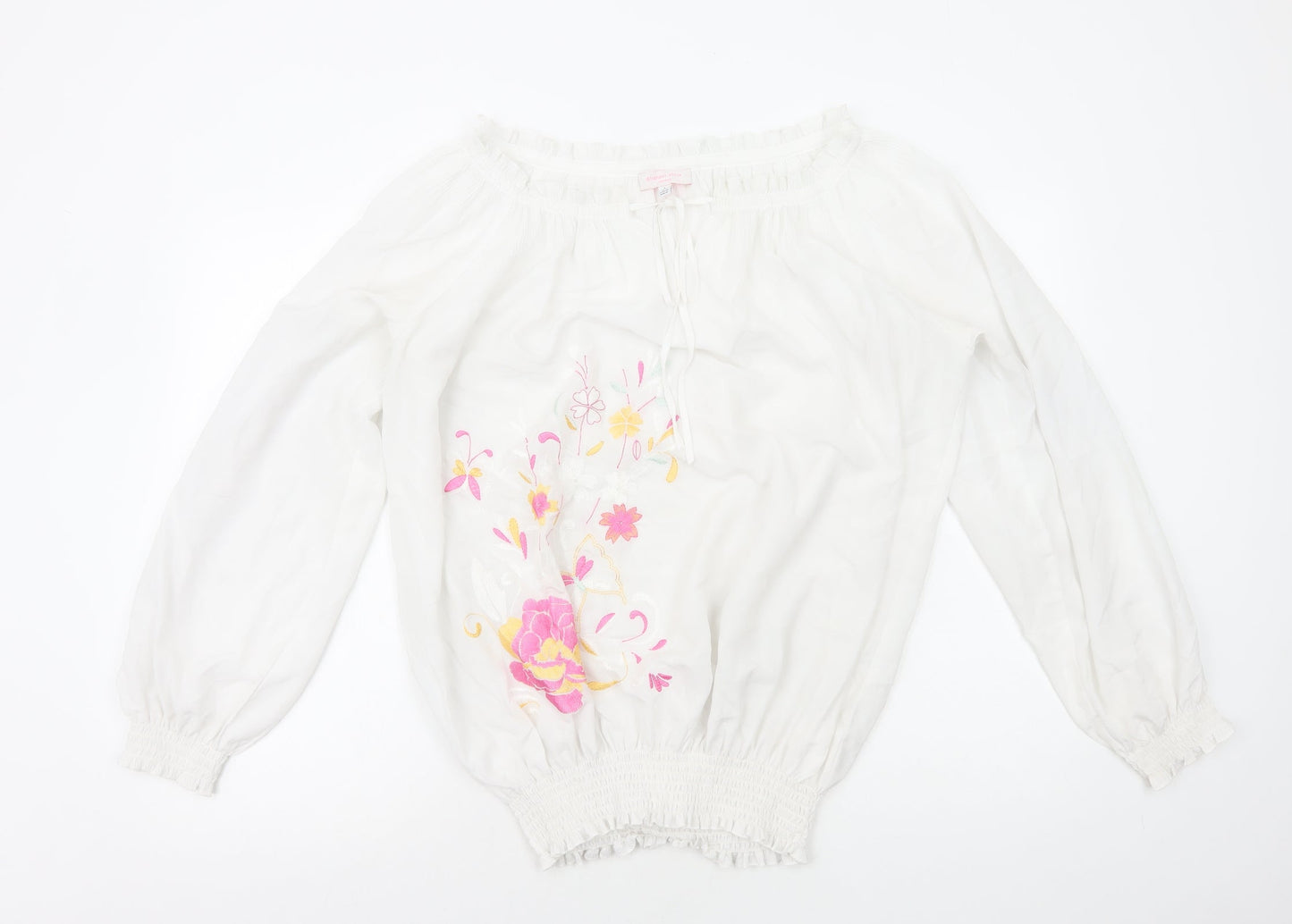 Gharani Strok Womens White Polyester Basic Blouse Size L Boat Neck - Flower Detail