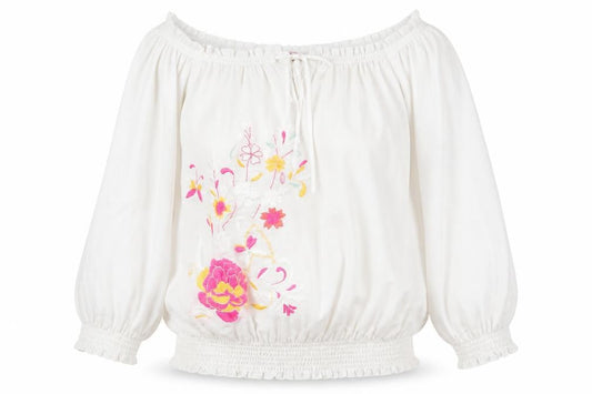 Gharani Strok Womens White Polyester Basic Blouse Size L Boat Neck - Flower Detail