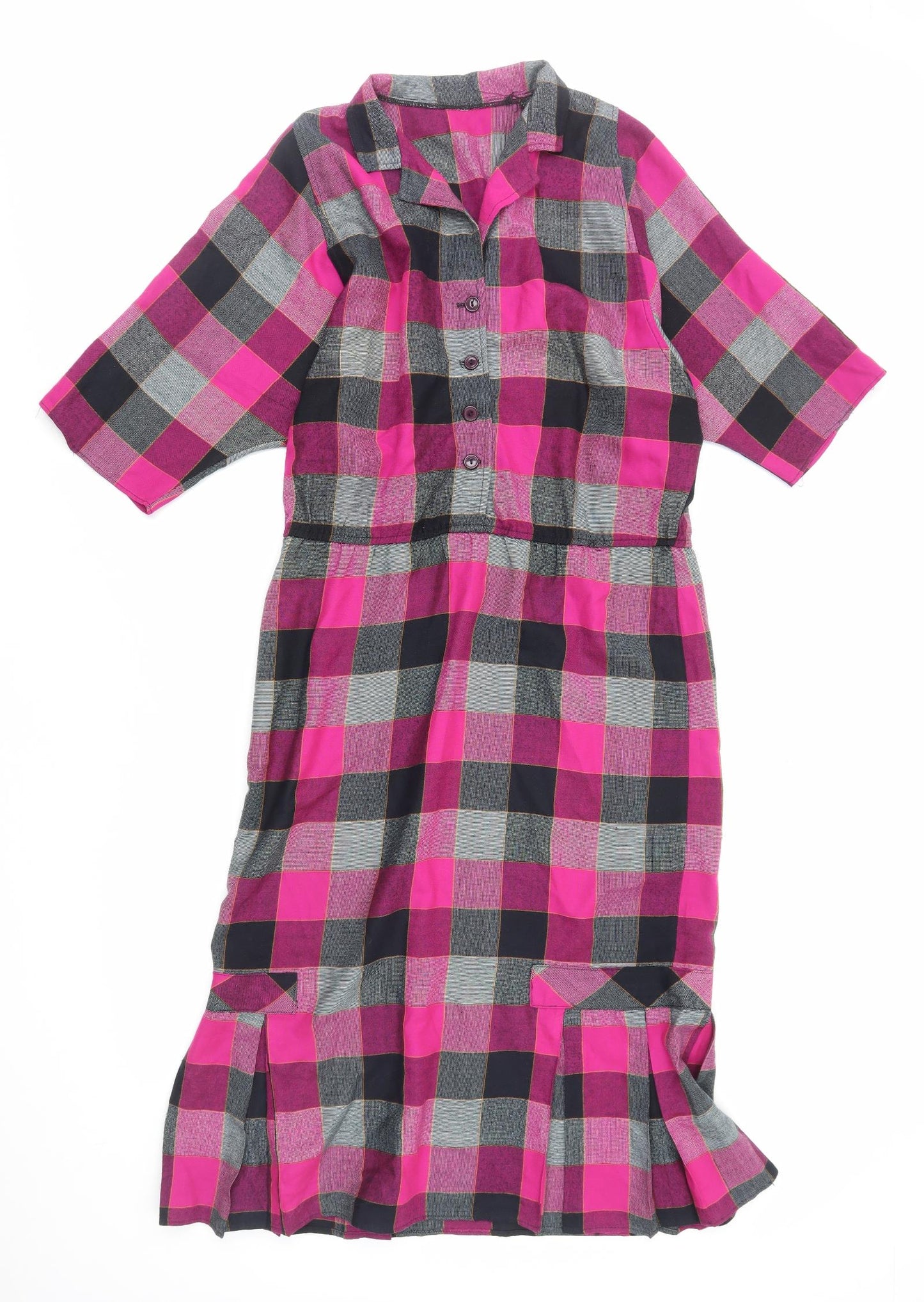 Preworn Womens Pink Check Polyester Shirt Dress Size L Collared Button